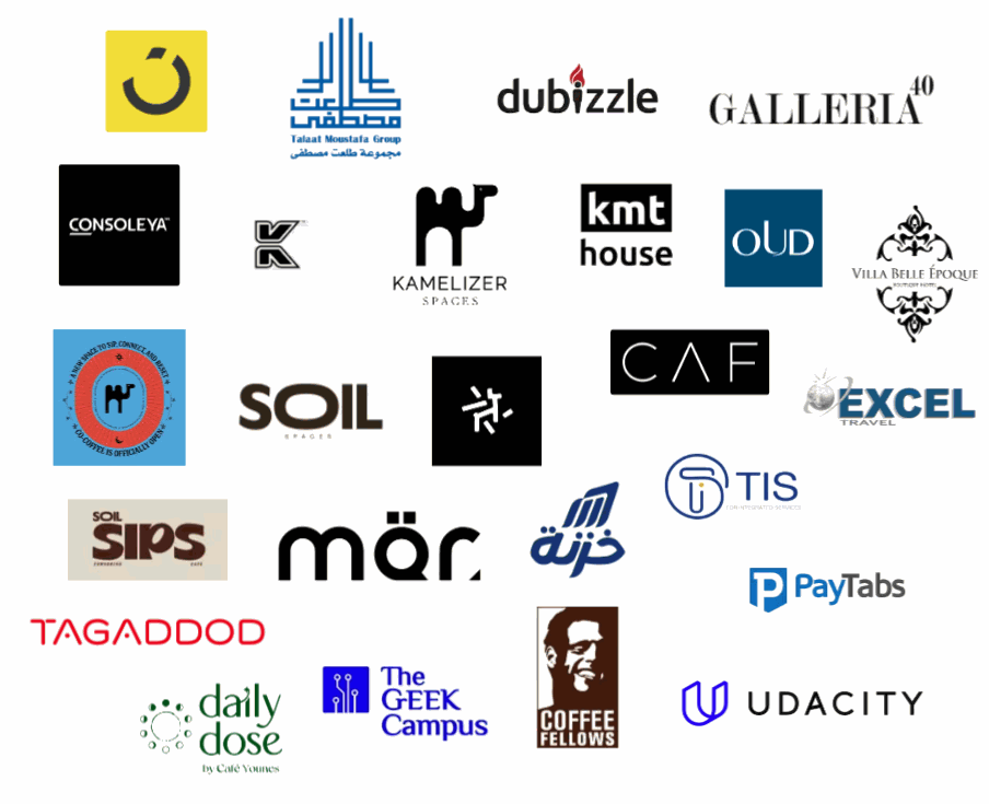 WinFi client logos including Talaat Mostafa Group, dubizzle, GALLERIA 40, CONSOLEYA, KAMELIZER SPACES, kmt house, OUD, Villa Belle Époque, SOIL SPACES, CAF, EXCEL, TAGADDOD, The GEEK Campus, Coffee Fellows, PayTabs, daily dose, UDACITY and many more